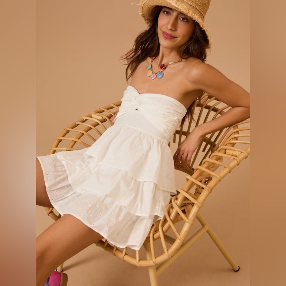 Altar'd State White Strapless Tiered Eyelet Dress